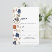 White Blue Rust French Country Floral Wedding RSVP Kaartje (Staand voorkant)