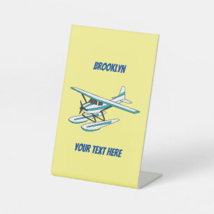 White blue seaplane afbeelding reclamebord met voetstuk