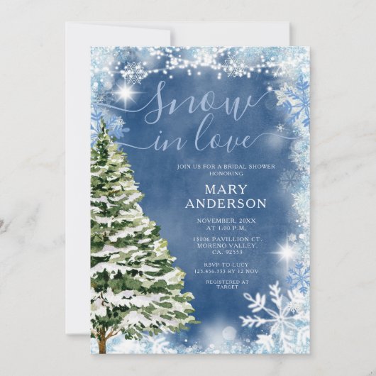 White Blue Snow in Love Evergreen Vrijgezellenfees Kaart (Voorkant)