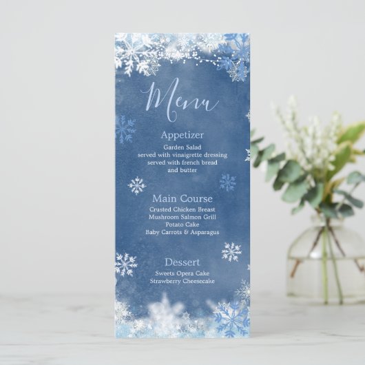 White Blue Snow in Love Snowflake Vrijgezellenfees Menu (Staand voorkant)