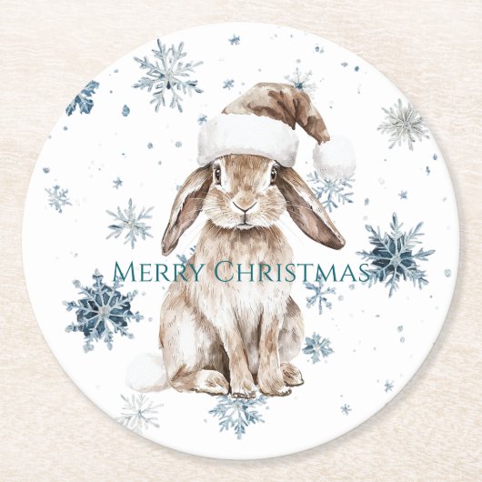 White Blue Snowflakes Christmas Bunny Ronde Kartonnen Onderzetter (Voorkant)