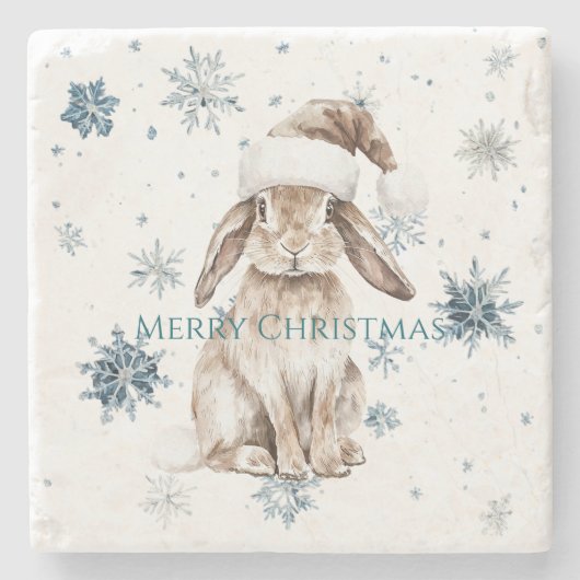 White Blue Snowflakes Christmas Bunny Stenen Onderzetter (Voorkant)