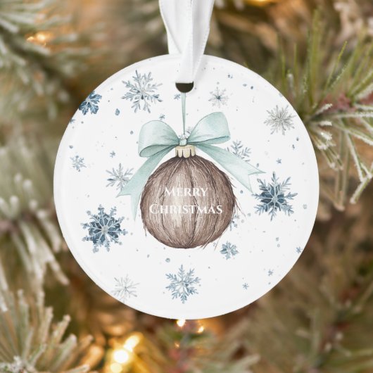 White Blue Snowflakes Christmas Coconut Bow Ornament (Boom)