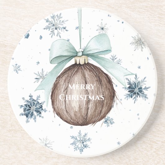 White Blue Snowflakes Christmas Coconut Bow Zandsteen Onderzetter (Voorkant)