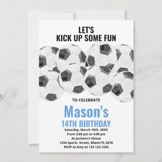 White Blue Soccer Birthday Invitations Kaart (Voorkant)