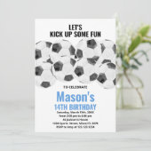 White Blue Soccer Birthday Invitations Kaart (Staand voorkant)