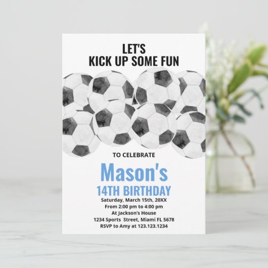 White Blue Soccer Birthday Invitations Kaart (Staand voorkant)