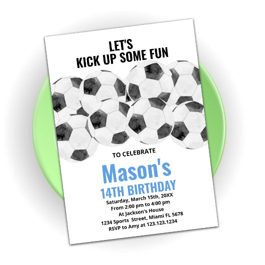 White Blue Soccer Birthday Invitations Kaart