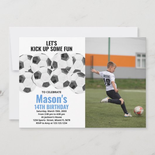 White Blue Soccer Birthday-uitnodigingen met foto Kaart (Voorkant)