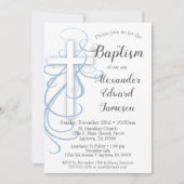 White Blue Swirl Cross Baptisme Invitation Boys Kaart (Voorkant)