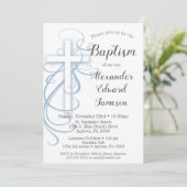 White Blue Swirl Cross Baptisme Invitation Boys Kaart (Staand voorkant)