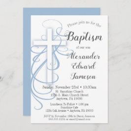 White Blue Swirl Cross Baptisme Invitation Boys Kaart
