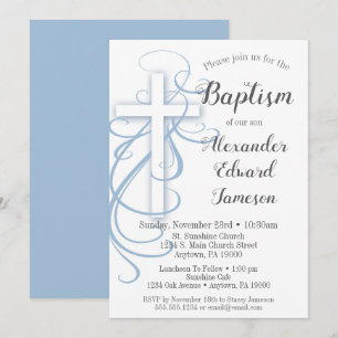 White Blue Swirl Cross Baptisme Invitation Boys Kaart