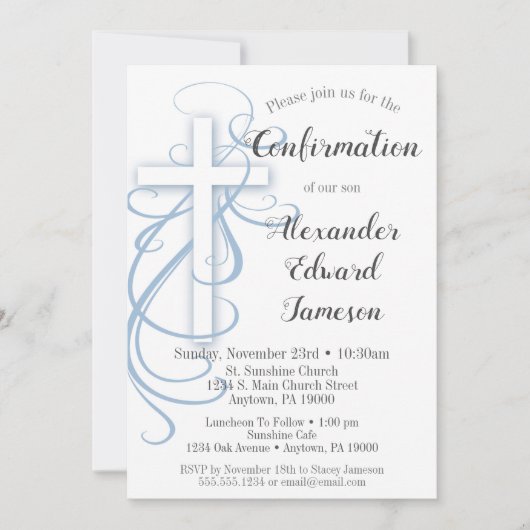 White Blue Swirl Cross Confirmation Boy Kaart (Voorkant)