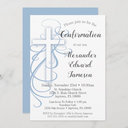 White Blue Swirl Cross Confirmation Boy Kaart (Voorkant / Achterkant)