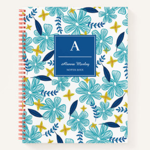 White Blue Tropical Floral Pattern Notitieboek