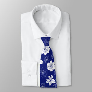 White & Blue Violet Graphic Floral Pattern Stropdas