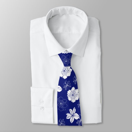 White & Blue Violet Graphic Floral Pattern Stropdas (Gebonden)