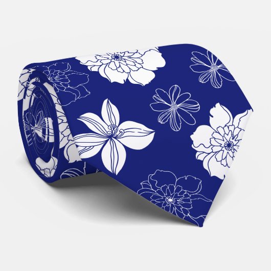 White & Blue Violet Graphic Floral Pattern Stropdas (Opgerold)