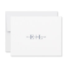 White Blue Wedding Monogram Note Kaart