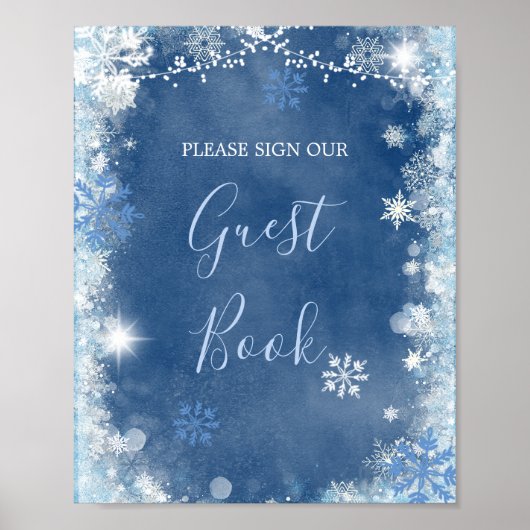 White Blue Winter Snowflake Bruids Gastboek Poster (Voorkant)