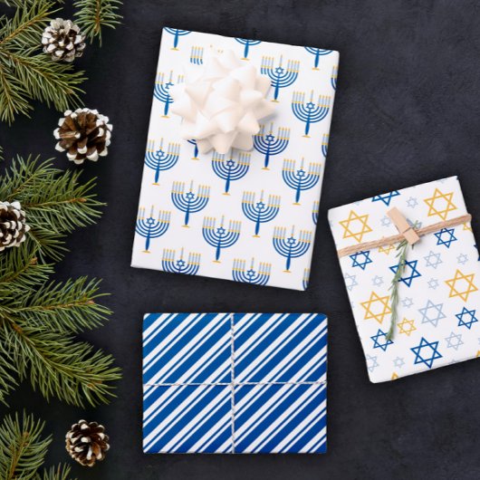White Blue & Yellow Mixed Hanukkah Patronen Inpakpapier Vel