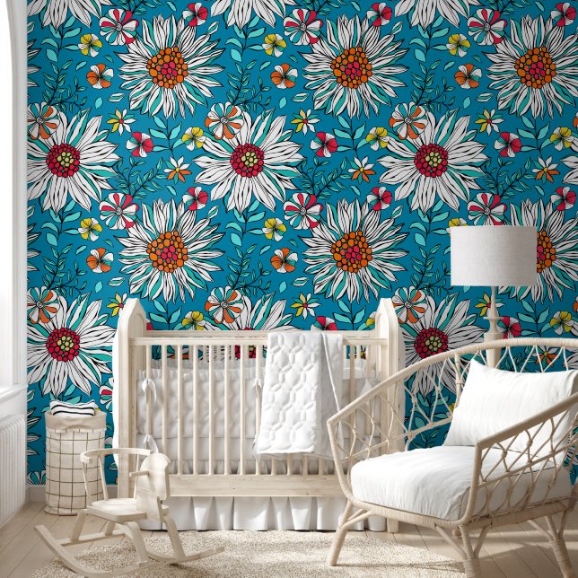White Blue Yellow Oranje Red Daisy Flowers Pattern Behang (Kinderen)