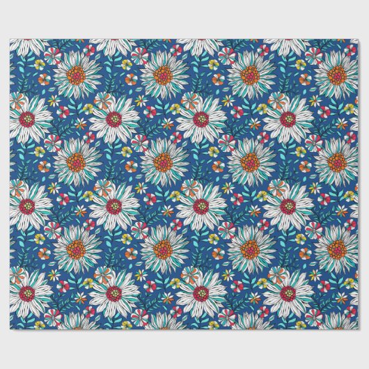 White Blue Yellow Oranje Red Daisy Flowers Pattern Cadeaupapier (Vlak)