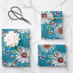 White Blue Yellow Oranje Red Daisy Flowers Pattern Inpakpapier Vel
