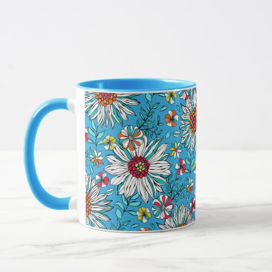 White Blue Yellow Oranje Red Daisy Flowers Pattern Mok (Links)
