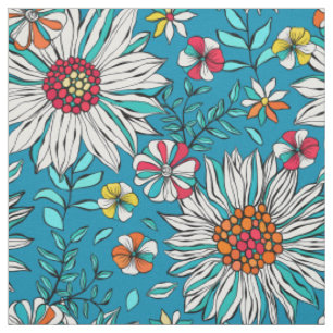 White Blue Yellow Oranje Red Daisy Flowers Pattern Stof