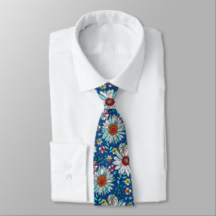 White Blue Yellow Oranje Red Daisy Flowers Pattern Stropdas