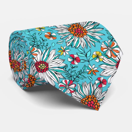 White Blue Yellow Oranje Red Daisy Flowers Pattern Stropdas (Opgerold)