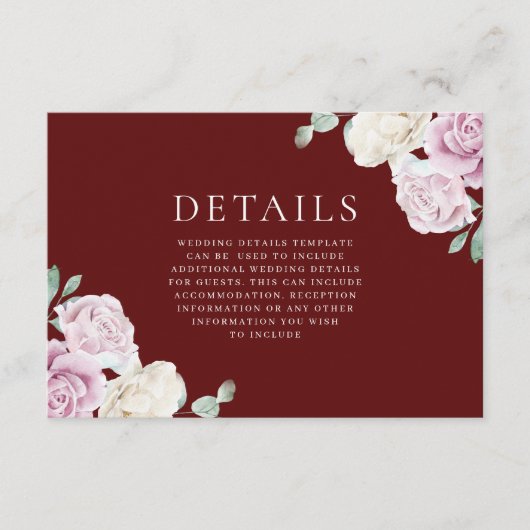 White & Blush Bloemen Bourgogne Trouwdetails Informatiekaartje (Voorkant)