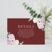 White & Blush Bloemen Bourgogne Trouwdetails Informatiekaartje (Staand voorkant)