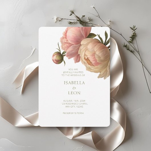 White & Blush | Chic Blush Rose Wedding Invitation Kaart