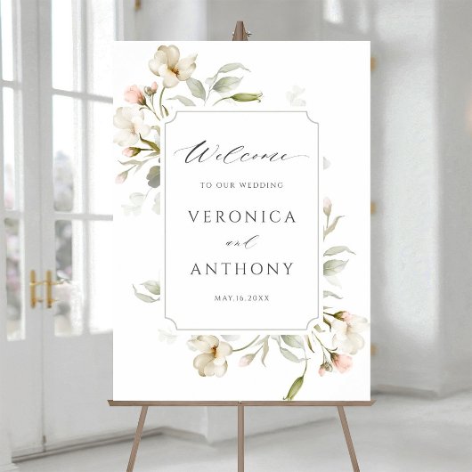 White Blush Elegant Floral Wedding Welcome Sign Poster