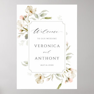 White Blush Elegant Floral Wedding Welcome Sign Poster