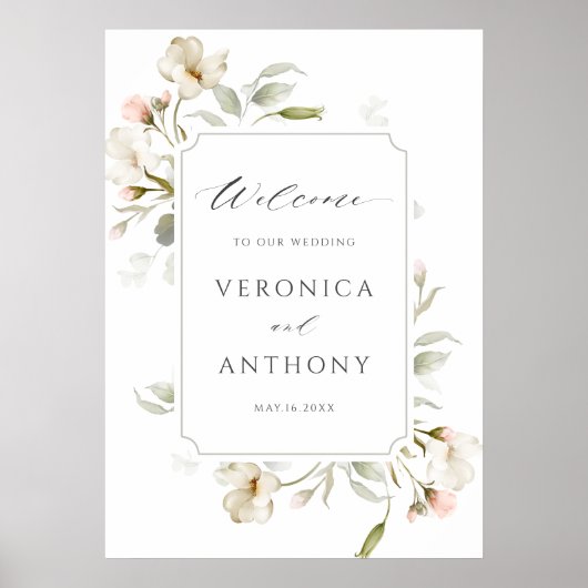 White Blush Elegant Floral Wedding Welcome Sign Poster (Voorkant)