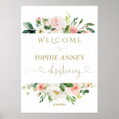 White Blush Floral Gold Christening Welcome Sign Poster (Voorkant)