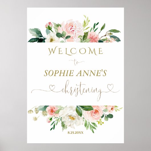 White Blush Floral Gold Christening Welcome Sign Poster (Voorkant)