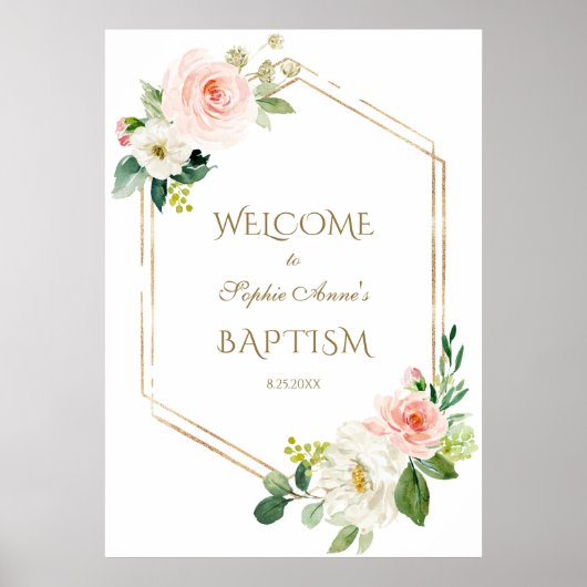 White Blush Floral Gold Lijst Welcome Baptisme Sig Poster (Voorkant)