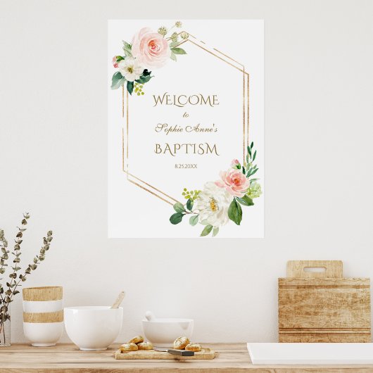 White Blush Floral Gold Lijst Welcome Baptisme Sig Poster (Keuken)