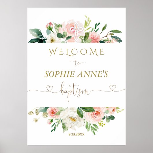 White Blush Floral Gold Lijst Welcome Baptisme Sig Poster (Voorkant)