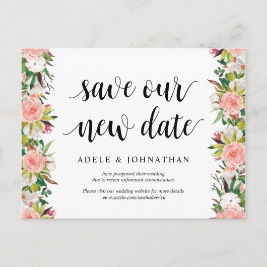 White Blush Florals, sla onze nieuwe date op, Post Briefkaart (Voorkant)