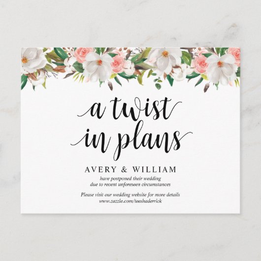 White Blush Florals, Wedding Invitation Postponed Briefkaart (Voorkant)