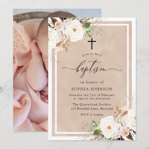 White & Blush Flowers Baby Girl Foto Baptisme Kaart