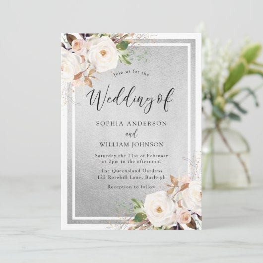 White & Blush Flowers Silver Elegant Wedding Kaart (Staand voorkant)