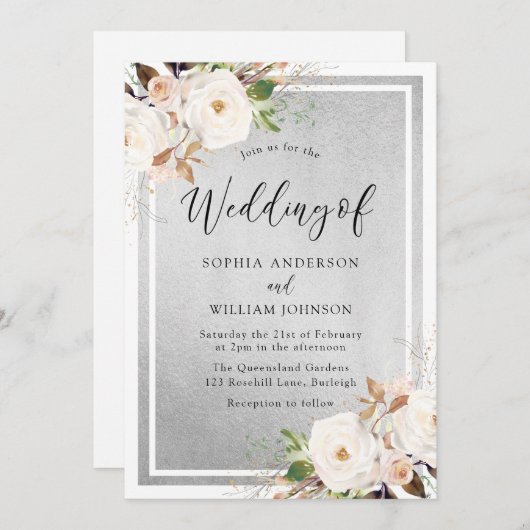 White & Blush Flowers Silver Elegant Wedding Kaart (Voorkant / Achterkant)