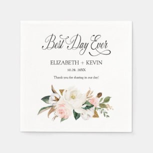 White Blush Magnolia Floral Best Day Ever Wedding Servet